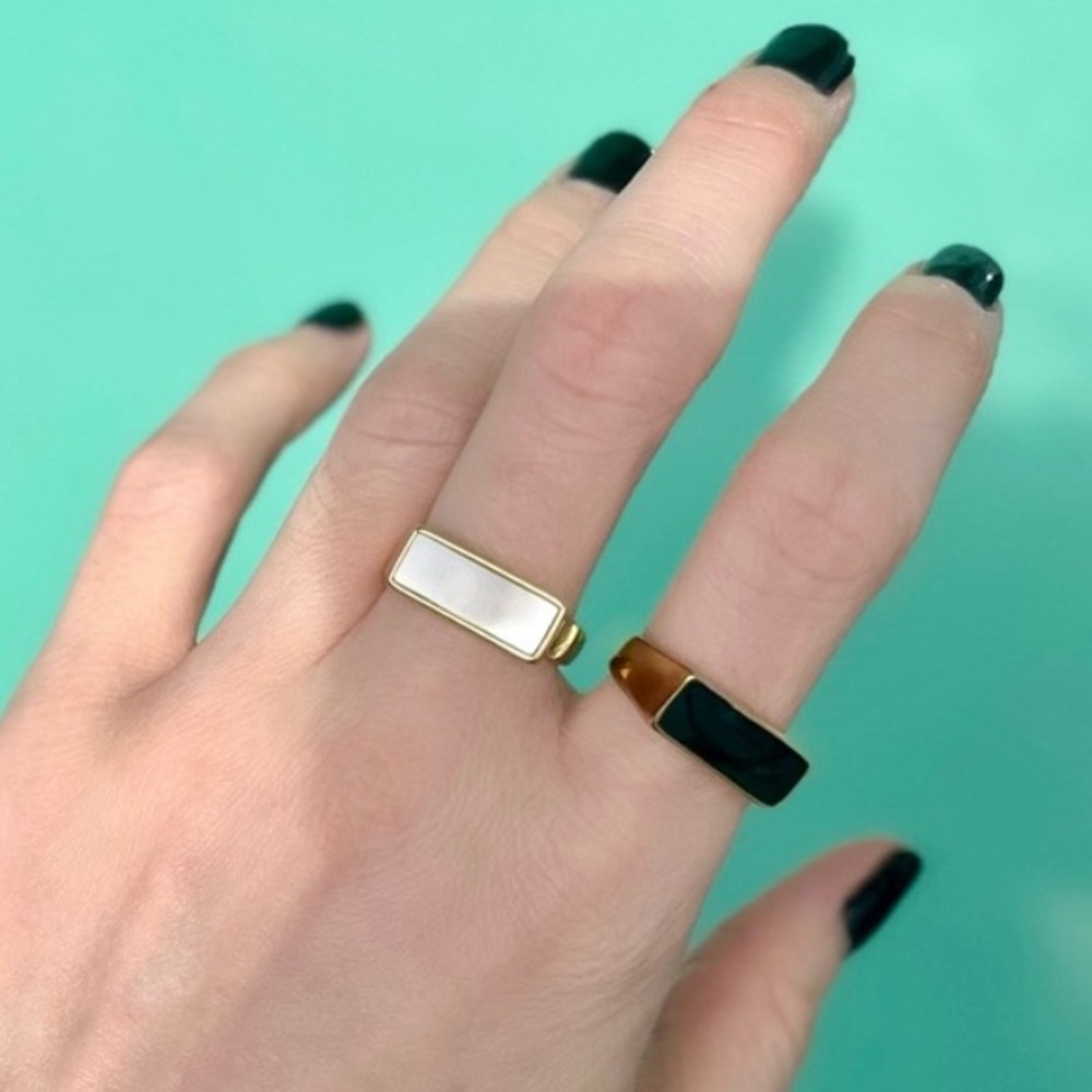 White Natural Shell Geometric Gold Plated Open Bar Ring